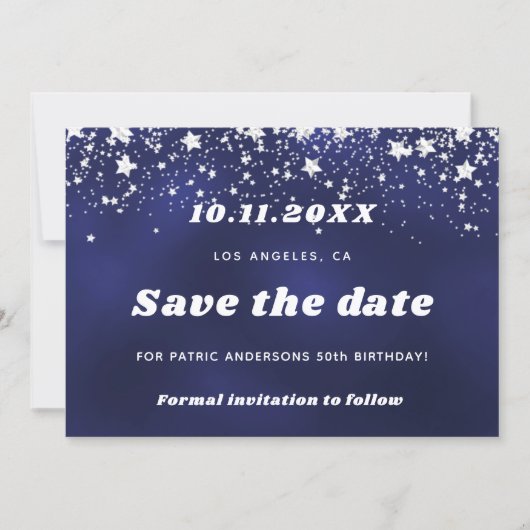 Verjaardag navy blauw witte sterren save the date (Voorkant)