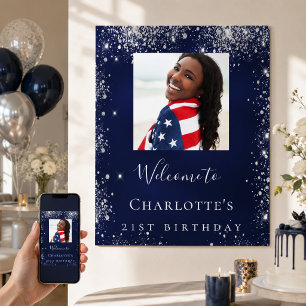Verjaardag navy blauw zilver glitter foto welkom poster