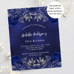 Verjaardag navy blauwe bloemen budget uitnodiging<br><div class="desc">Een marineblauwe achtergrond,  versierd met blauwe rozen,  bloemetjes. De kleur van het blauw is ongelijk. Personaliseer en voeg een naam en feestdetails toe. Terug: marineblauw en faux zilver schittert. 1 vel = 1 uitnodiging afgedrukt rand tot rand.</div>