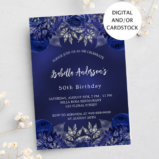 Verjaardag navy blauwe bloemen elegant kaart