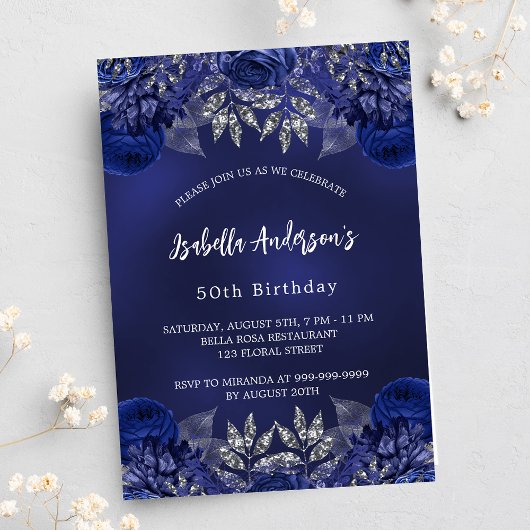 Verjaardag navy blauwe bloemen elegant uitnodiging briefkaart