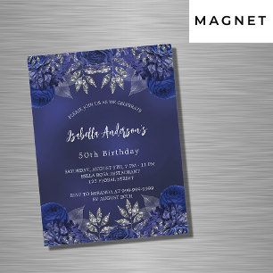 Verjaardag navy blauwe bloemen elegante luxe magnetische uitnodiging