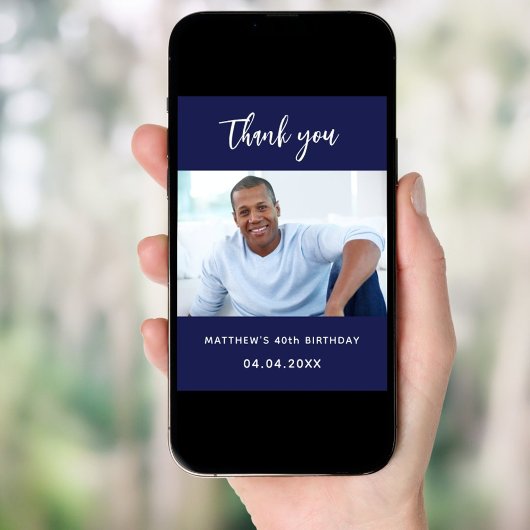 Verjaardag navy blauwe foto dank u kaart