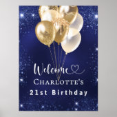 Verjaardag navy blauwe gouden ballonnen welkom poster (Voorkant)
