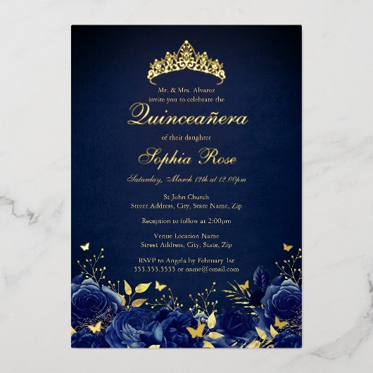 Verjaardag Navy Bloem Butterfly Tiara Quinceanera Folie Uitnodiging (Voorkant)