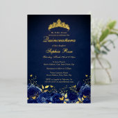 Verjaardag Navy Bloem Butterfly Tiara Quinceanera Folie Uitnodiging (Staand Voorkant)
