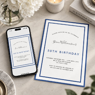 Verjaardag navy blue wit minimalistisch mannen man kaart