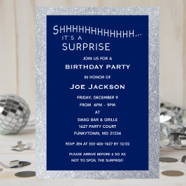 Verjaardag Navy en Silver Glitter Surprise Party Kaart
