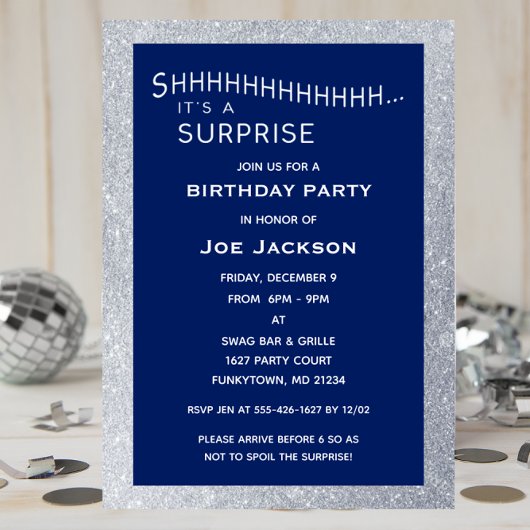 Verjaardag Navy en Silver Glitter Surprise Party Kaart