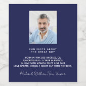 Verjaardag navyblauw foto leuke weetjes bio mannen wijn etiket (Enkel label)