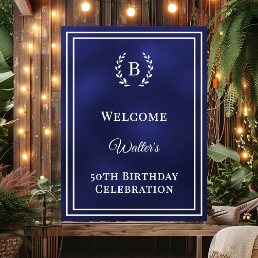 Verjaardag navyblauw monogram elegante welkom poster