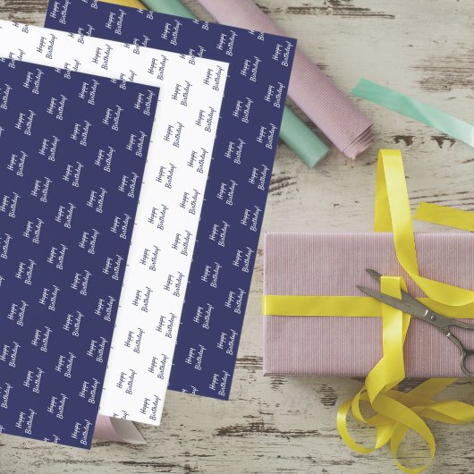 Verjaardag navyblauw wit inpakpapier vel