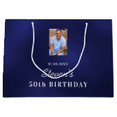 Verjaardag navyblauw witte aangepaste foto monogra groot cadeauzakje (Voorkant)