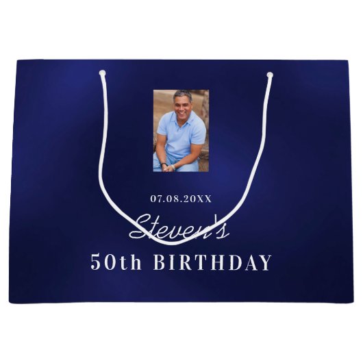 Verjaardag navyblauw witte aangepaste foto monogra groot cadeauzakje (Voorkant)