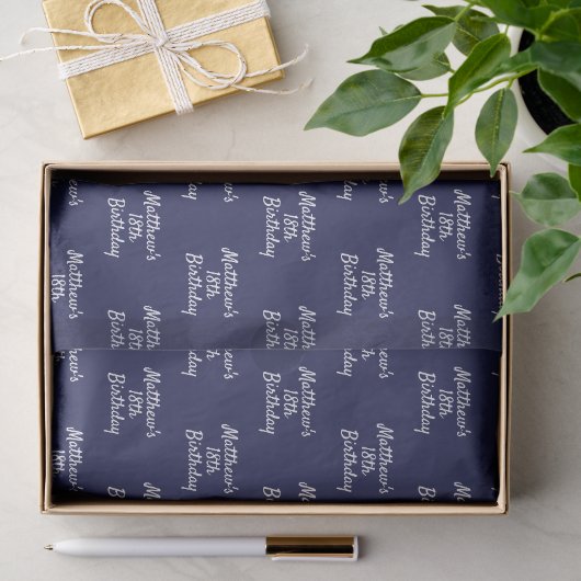 Verjaardag navyblauw witte naam script minimalist tissuepapier (Geschenk)