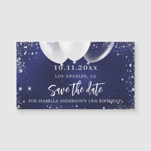 verjaardag navyblauw witte save the date magneet (Voorkant)