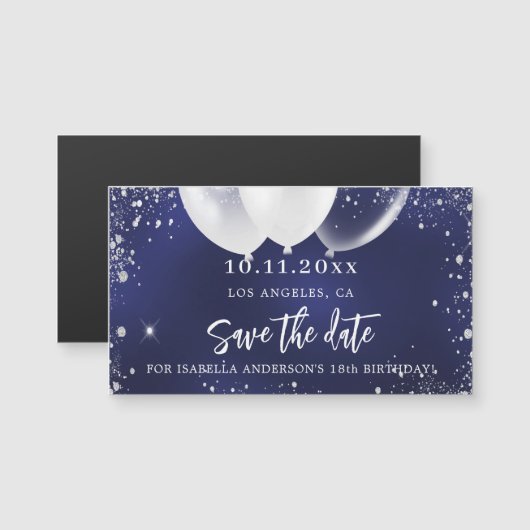 verjaardag navyblauw witte save the date magneet (Voorkant / Achterkant)