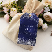 Verjaardag navyblauw zilver glitterstof monogram cadeaulabel