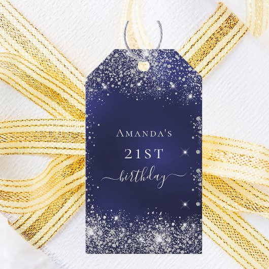 Verjaardag navyblauw zilver glitterstof monogram cadeaulabel