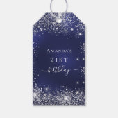 Verjaardag navyblauw zilver glitterstof monogram cadeaulabel (Voorkant)