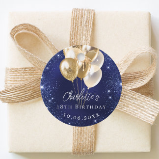 Verjaardag navyblauwe glitter gouden ballonnen bedankjes labels