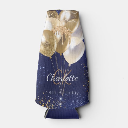 Verjaardag navyblauwe gouden ballonnen monogram na flesjeskoeler (Voorkant)
