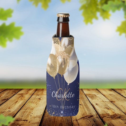 Verjaardag navyblauwe gouden ballonnen monogram na flesjeskoeler