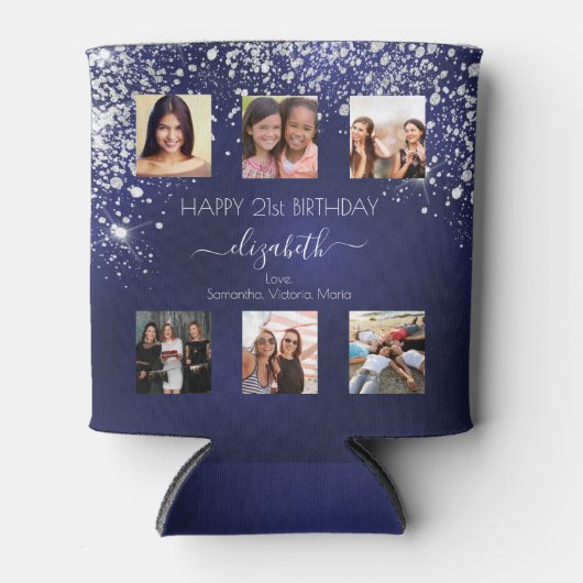 Verjaardag navyblauwe vrienden foto blikjeskoeler (Voorkant)