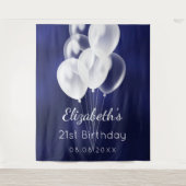 Verjaardag navyblauwe witte ballonnen naam wandkleed (Voorkant)