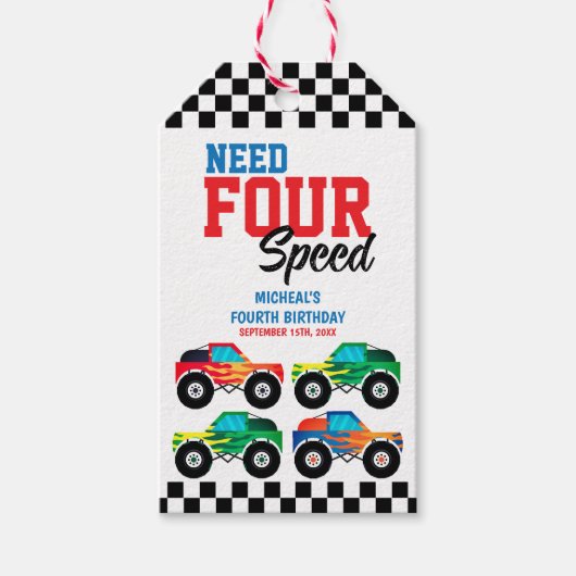 Verjaardag Need Four Speed Monster Truck Cadeaulabel (Voorkant)