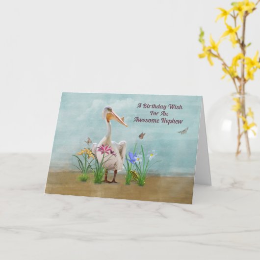 Verjaardag, neef, pelikaan, bloemen en vlinders kaart (Gele Bloem)