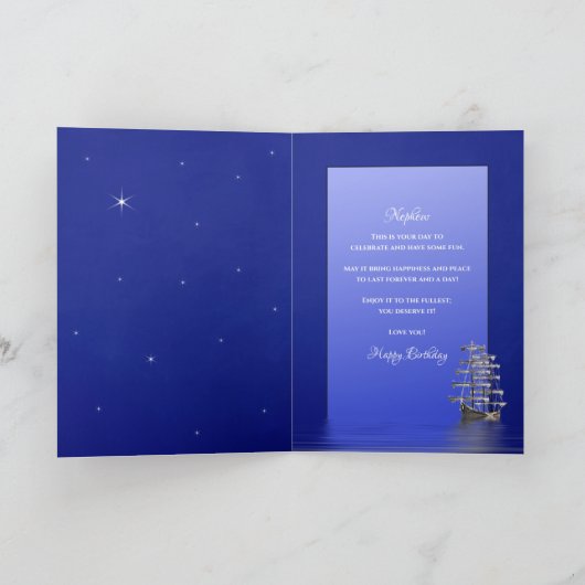 Verjaardag, neef, schip met zeilen, nacht kaart (Binnen)