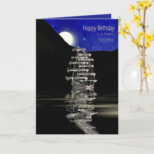 Verjaardag, neef, schip met zeilen, nacht kaart (Gele Bloem)
