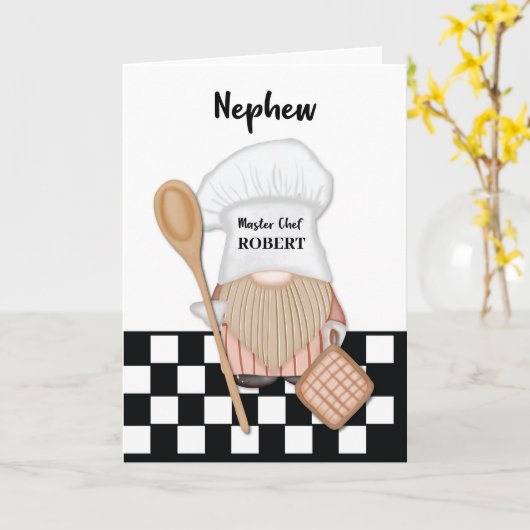 Verjaardag Neef Whimsical Gnome Chef Koken Kaart (Gele Bloem)