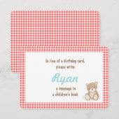 Verjaardag Neem een boek mee Teddy Bear insert car Informatiekaartje (Voorkant / Achterkant)