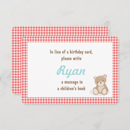 Verjaardag Neem een boek mee Teddy Bear insert car Informatiekaartje (Voorkant / Achterkant)