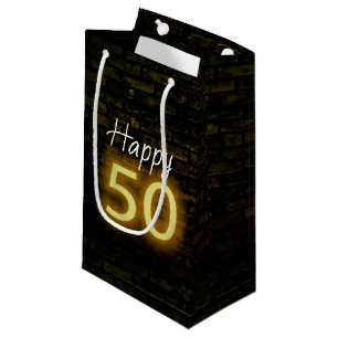 Verjaardag Neon 50 Bord op Baksteen Klein Cadeauzakje
