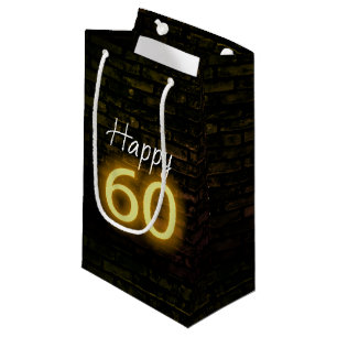 Verjaardag Neon 60 Bord op Baksteen   Klein Cadeauzakje