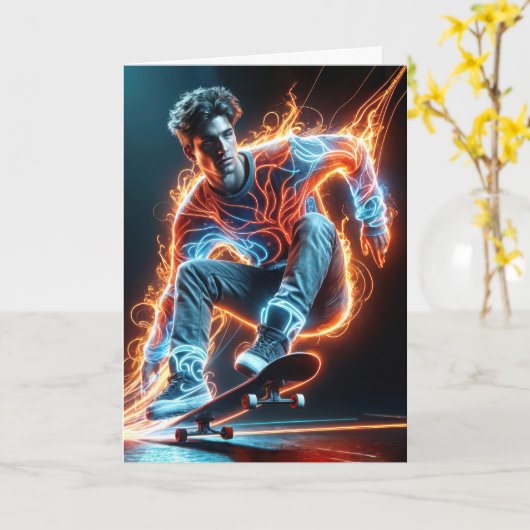 Verjaardag Neon Skateboarder op zwart Kaart (Gele Bloem)