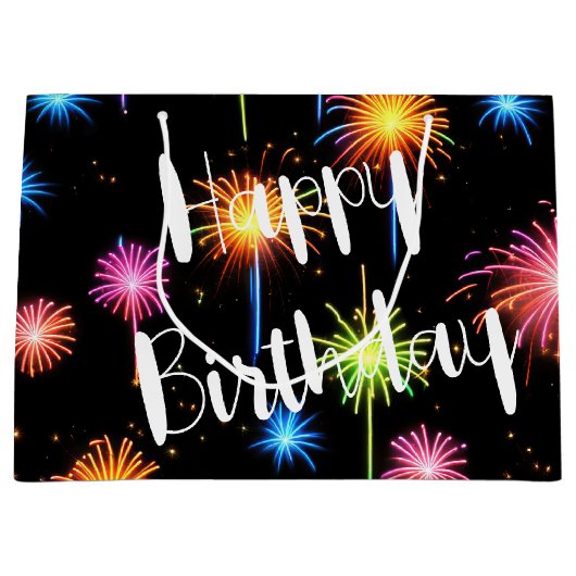 Verjaardag Neon vuurwerk op zwart Groot Cadeauzakje (Voorkant)
