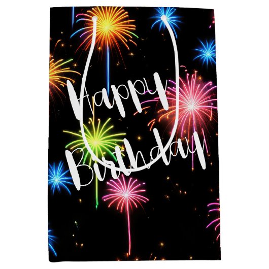 Verjaardag Neon vuurwerk op zwart Medium Cadeauzakje (Voorkant)