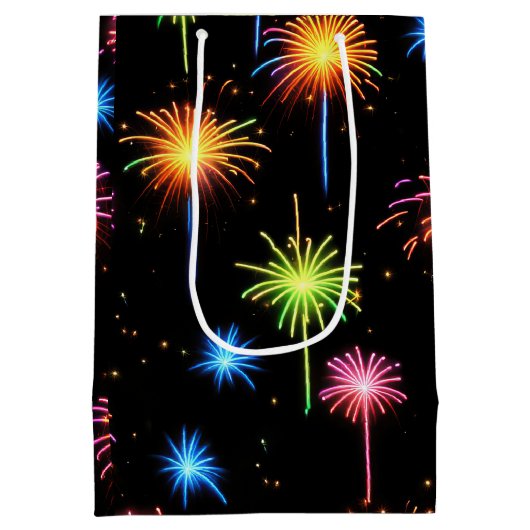 Verjaardag Neon vuurwerk op zwart Medium Cadeauzakje (Achterkant)