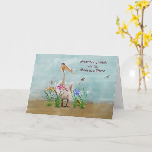 Verjaardag, nichtje, pelikaan, bloemen en vlinders kaart (Gele Bloem)