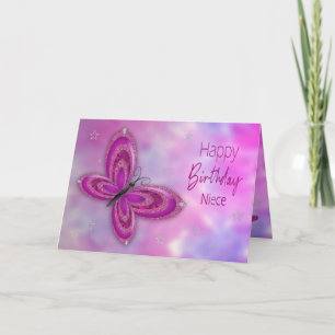 Verjaardag, nichtje, roze glitzy vlinder kaart