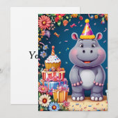 Verjaardag nijlpaard met taart en ballonnen kaart (Voorkant / Achterkant)