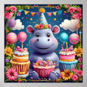 Verjaardag nijlpaard met taart en ballonnen poster (Voorkant)