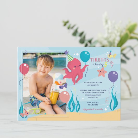 Verjaardag Octopus foto uitnodiging (Staand voorkant)
