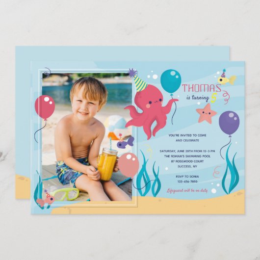 Verjaardag Octopus foto uitnodiging (Voorkant / Achterkant)