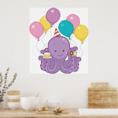 Verjaardag Octopus met ballonnen en cupcake Poster (Keuken)