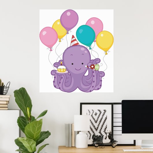 Verjaardag Octopus met ballonnen en cupcake Poster (Thuiskantoor)